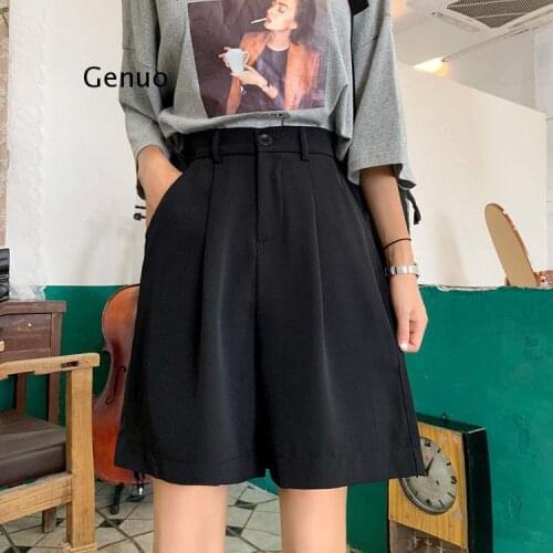 Red Shorts Women Loose High Waist Wide Leg Solid Harajuku Plus Size Straight Summer Korean Fashion Black Shorts Elastic Waist
