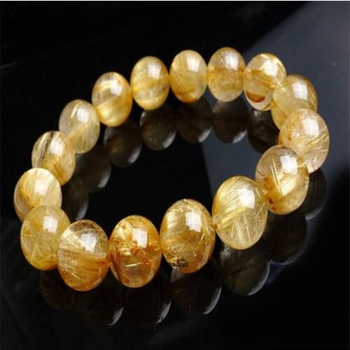 Genuine Natural Titanium Rutilated Quartz Crytsal Gold Round Bead Charm Women Man Healing Stone Bracelet 14mm