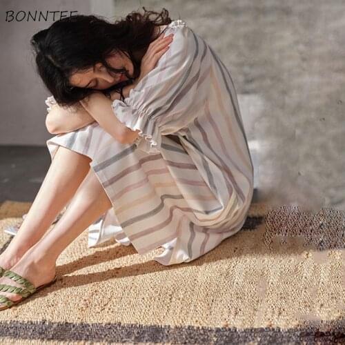 Nightgowns Women Loose Striped Ruffles Short Sleeve V-Neck Trendy Lady Plus Size 3XL Fashion Korean Style Sleepwear New Summer