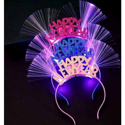 LED Fiber Optic Ear Hair Hoop Women Girls Lovely Glitter Happy New Year Letters Applique Flashing Light Headband Christmas Party