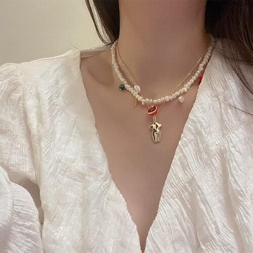 SRCOI Irregular Freshwater Pearl Beaded Necklace With Lovely Crystal Grape Papaya Pendant Women Summer Handmade Fruit Accessorie