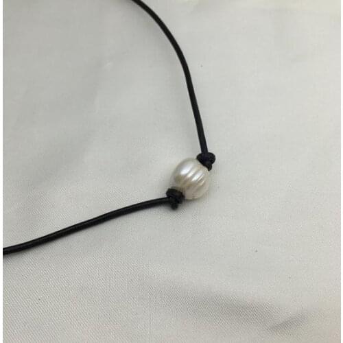 Unique Pearls Jewelry Single White Potato Genuine Freshwater Pearl Real Leather Necklace Charming Women Wedding Birthday Gift