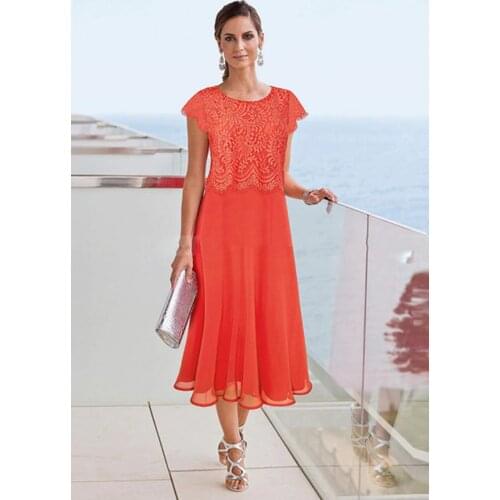 Orange Tea Length Mother Of The Bride Dresses 2020 Beach Wedding Lace Top Mothers Formal Wear Plus Size Evening Gowns Cap Sleeve