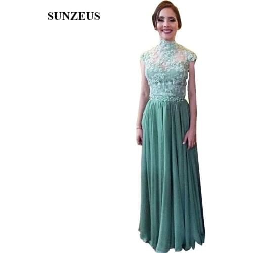 Godmother Dress Wedding A-line High Neck Cap Sleeve Mother Of The Bride Dress With Appliques Lace Long Chiffon Party Gowns Lady