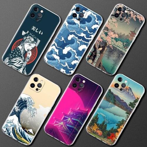 Japanese Style Art Clear Phone Case For Apple iPhone 12 11 Pro Max XR 8 7 Plus SE 2020 X XS 12mini 6 6S 5 5S Soft Back Cover Cas