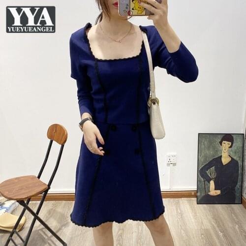 Office Lady Elegant Skirt Matching Set Outfit Autumn Women Long Sleeve Knitting Tops Elastic Waist A Line Skirts Two Piece Sets