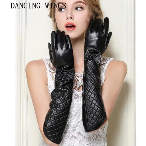Female fashion elegant bow plaid long sheepskin gloves full finger genuine leather Arm Warmers Winter Gloves