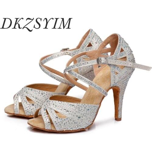 DKZSYIM Ballroom Latin Dance Shoes For Dancing Women Tango Jazz Salsa Dance Shoes Woman Sandals Big small rhinestones wholesale