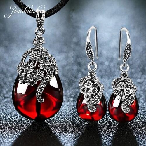 JIASHUNTAI Retro 100% 925 Sterling Silver Pendant Necklace Drop Earrings For Women Vintage Nacklace Stone Jewelry Sets