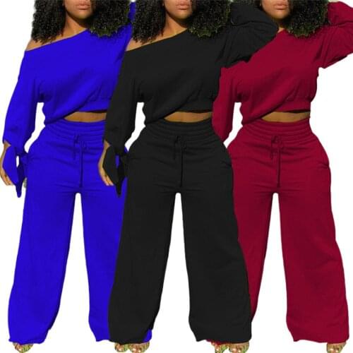 Plus Size XL-4XLSweatsuit Womens Set Tie Up Long Sleeve Off Shoulder Sweatshirt Straight Pants Active Tracksuit Two Piece Set