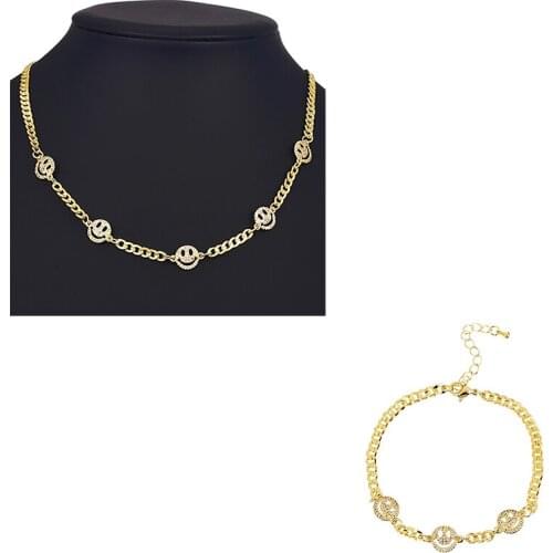 ZHINI Sweet Cute Smiley Face Charm Jewelry Sets for Women Boho Vintage Gold Bracelet Handmade Clavicle Chain Choker Necklace