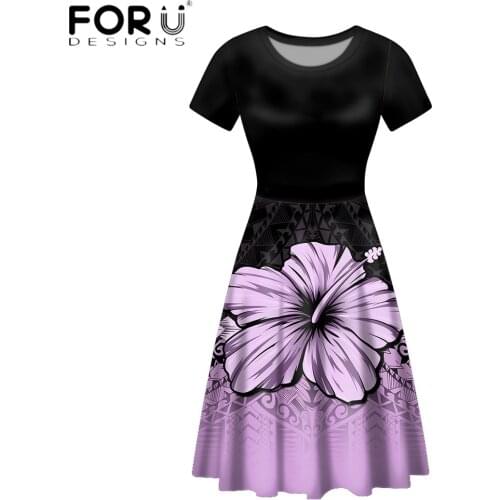 FORUSEDIGNS Vintage Short Tops Dress For Women Purple Color Polynesian Hawaiian Hibiscus Printing Elegant Lady Casual Vestidos