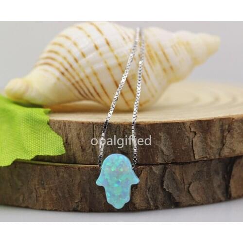 1pc/Lot 8*10mm OP72 Mint Green Opal Tiny Hamsa Opal Necklace 925 Sterling Silver synthetic Opal Hamsa Hand Fashion Necklace