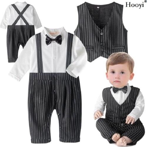 2018 Baby Boys Clothes Handsome Party Costumes Black Tuxedo Rompers Bow Tie Vest Long Jumpsuits Baby Clothing Fashion Outfits