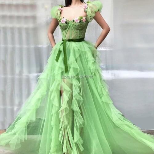 2019 Sweetheart A-Line Long Evening Dress Appliques Sash Beaded The Skirt Split Floor-Length Tulle Women Dress Prom Dress Zipper