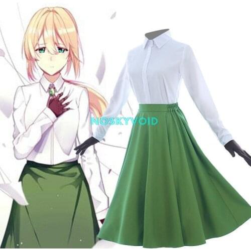 2021 Violet Evergarden Cosplay Costumes Womans White Shirt and Green Skirt Suit Violet Cosplay Wig