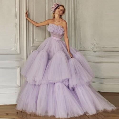 Princess Lavender Tulle Ball Gowns Ruffles Long Prom Gowns 2020 Pretty Tutu Beaded Women Dresses To Formal Party Lace Up