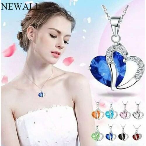 Fasion Blue Heart Necklace Pendant Silver Plated Chain Jewelry Peach Heart Zircon Crystal Necklace Chocker Women Fashion Jewelry