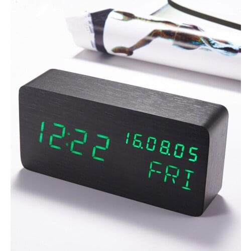 Newly Household Multifunctional Rectangular Wood Clock Led Electronic Sound-Controlled Wood Watch Student Wake Up Alarm Clock