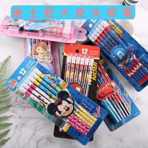 Disney Frozen Mickey Princess Marvel Big Tip Pencil Student Children Writing Painting HB Pencil Send Pencil Sharpener Gift