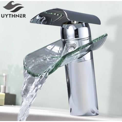 Chrome Bath Basin Brass Faucet Basin Sink Faucet Waterfall Spout Glass Bathroom Crane Cold&Hot Water Mixer Taps Bathroom faucets