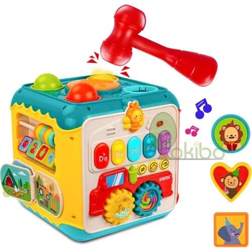 JMSC 6+1 Sided Activity Box Music Early Educational Turn Bead Gear Drum Block Sports City Montessori Toys Animals Forest Smart