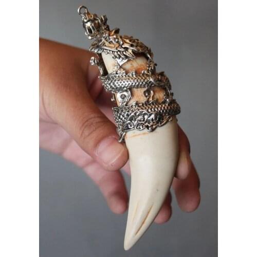 Chinese Antique Boars Tooth Wild Hog Silver Dragon protective talisman Pendant