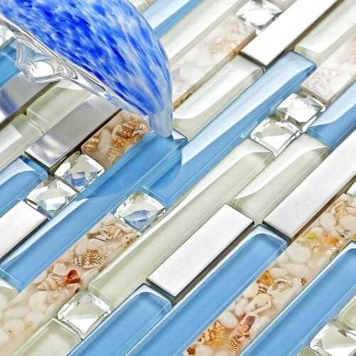 Beach Style Art Resin Inner Sea Shell 13 edges Blue Cream White Glass Mosaic Tile, Kitchen Backsplash Bath Decor Metal Mosaic