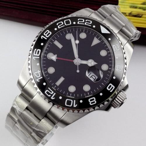 40MM Sterile Black Dial Sapphire Glass Date Luminous Ceramic Bezel Steel Bracelet Red GMT Automatic Movement Mens Watch