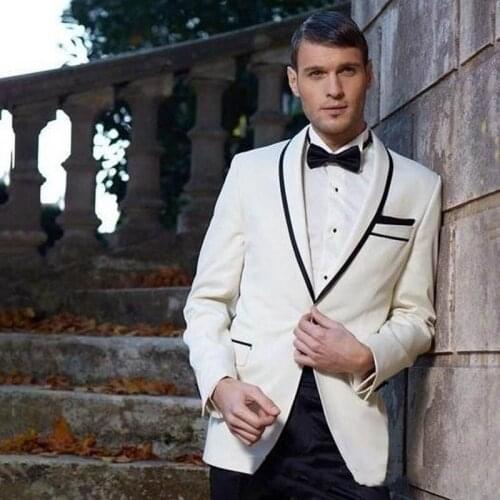 Ivory Groom Tuxedos Man Blazers Prom Suits Men Suits for Wedding Black Shawl Lapel Sim Fit Terno Masculino Costume Homme 2Piece