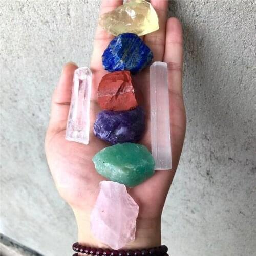 Natural Seven (7) chakras Rough Stone Set with Selenite Bar for Reiki Healing
