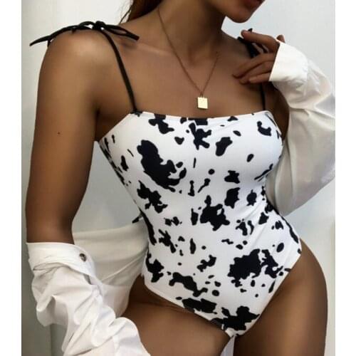 2021 NEW Cow Pattern Suspender Sexy one-piece Swimsuit Black and White swimsuit women