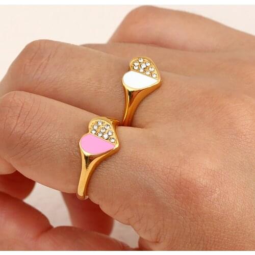 2021 New Romantic Sweet Half Enamel Zircon Paved Heart Shape Rings For Lady Luxuru Girls Pink White Love Ring Gold Jewelry