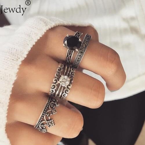 New Bohemian Vintage Flower Wave Branch Crystal Midi Finger Wedding Rings Set for Women Feather Leaf Yoga Silver Color Jewelry