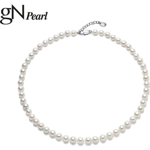 GN Pearl akoya 6-7mm Genuien White Natural Freshwater Round Pearl Necklaces 925 Sterling Silver Clasp Chains Chokers gNPearl