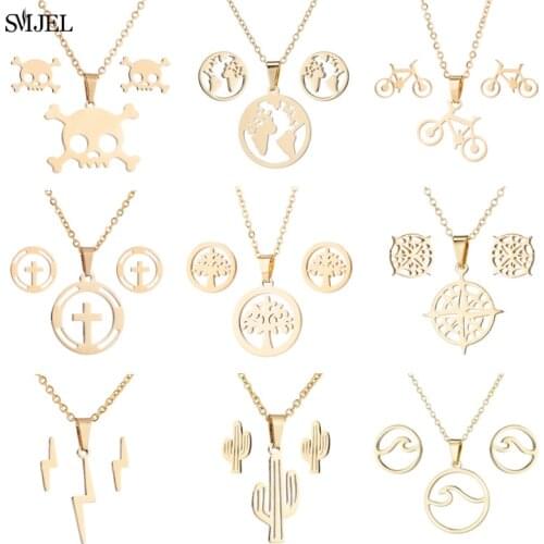SMJEL Stainless Steel Halloween Skull Necklaces For Women Punk Corss Tire Map Tree Life Earring Ear Jewelry Sets Gold Pendients