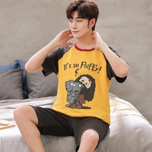 Funny Cartoon Anime Print Male Pajamas Set Summer Knitting Cotton Short Sleeve Shorts Sets Casual Loose Patchwork Men Nightwear