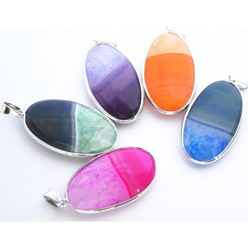 Hot Natural Stone Pendants Agates Onyx Blue Purple Red Green Yellow Long Oval Charms For Women Jewelry Making 5pcs Free Shipping