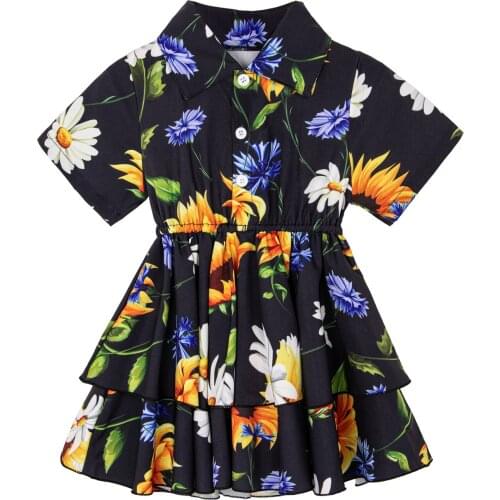 Kids Baby Girl Casual Short Sleeve Dress Turn-down Collar Ruffle Fashion Leopard Flower Button Lapel A-line Mid-length Dresses