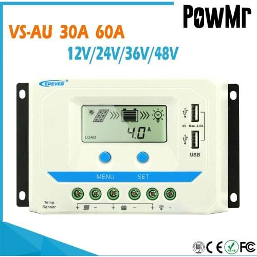 PowMr PWM Charge Controller 30A 60A Solar Regulator 12V 24V 36V 48V Auto VS-AU with Built in LCD Display and Double USB 5V Port