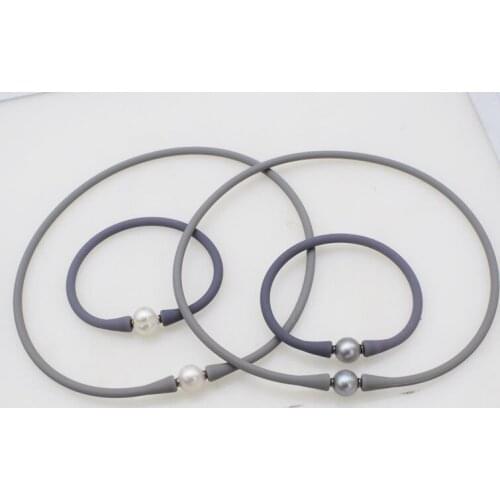 Freshwater pearl near round white 10-11mm and silicone necklace bracelet 40cm 19cm
