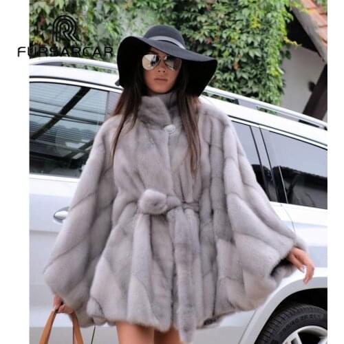 FURSARCAR Luxury Real Mink Fur Coats Women Winter Genuine Leather Bat-sleeved Style Female Mink Fur Jacket With Fur Collar