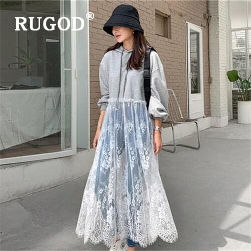 RUGOD 2019 New Women Lace Patchwork Hooded Sweatshirt Korean Chic Lazy Style Sweet Lace Long Pullover Shirt Loose Autumn Coat