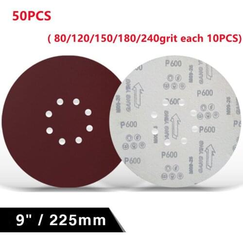 50pcs/Set 225mm 9Inch 8 Hole Sander Disc Sanding Polish Paper Sandpaper 80/ 120/ 150/ 180/ 240Grit