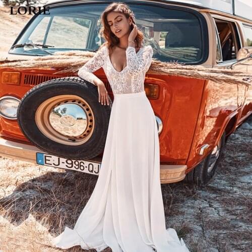 LORIE Boho Wedding Dress A Line V Neck Lace Chiffon Bride Dresses Floor Length Long Sleeve Wedding Gowns 2021