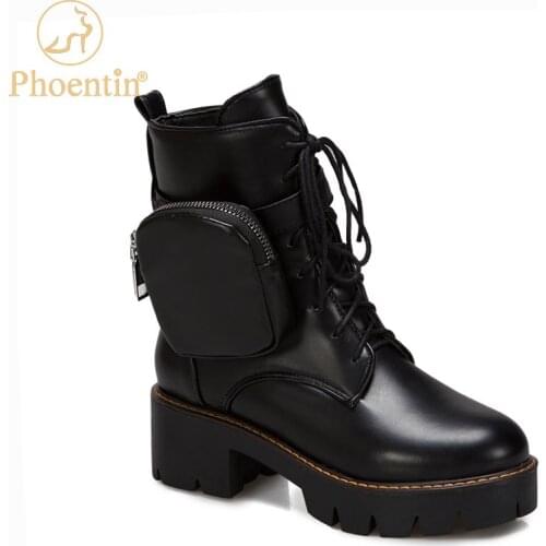 Phoentin shoes woman ankle boots winter pocket bag botte femme brown cool shoes chunky high heels martin boots lace up FT1138