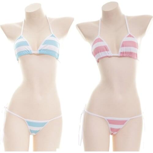 Women Cotton Stripe Printed Bikini Set Japanese Cute Sexy Lingerie Lolita Swimsuit Erotic Costumes Bra Women Underwear