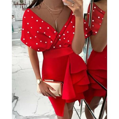 Women Elegant Solid Color Deep V Neck Beads Design Red Party Dress