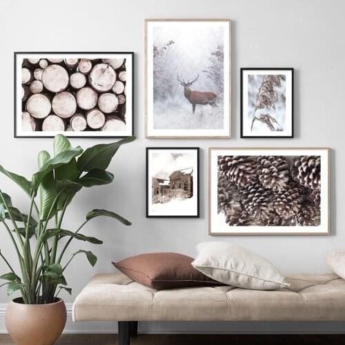 Winter Snow House Deer Owl Grass Pine Tree Raw Wood Nordic Posters and Prints Wall Art Canvas Painting Pictures For Home Decor