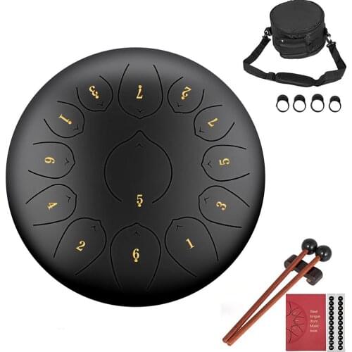 12 Inch 13 Note Stainless Steel Tongue Drum Percussion Instrument Lotus Hand Pan Drum with Drum Mallets Carry Bag